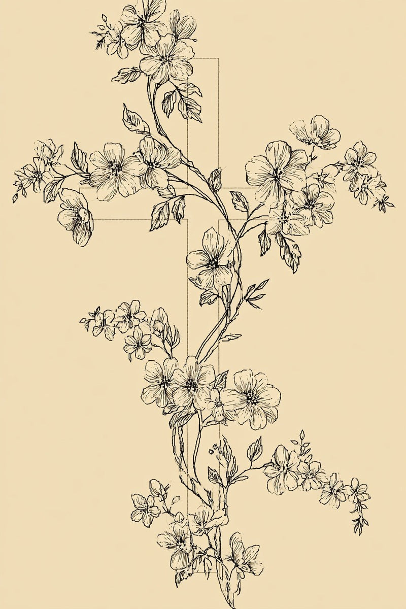Original drawing of blossom vine over outline cross from Church Embroidery and Sacred Ornament Book Three.