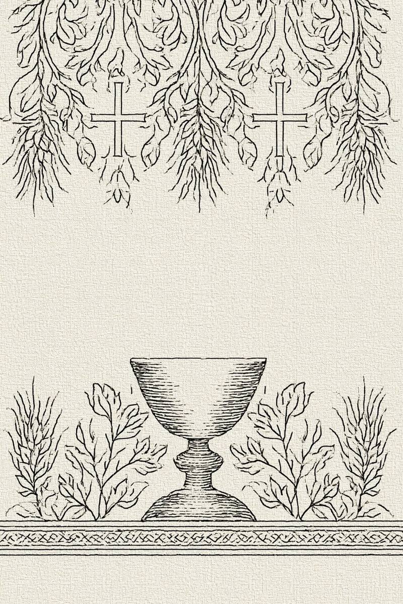 Original drawing of chalice and wheat with hanging cross border from Church Embroidery and Sacred Ornament Book Three.