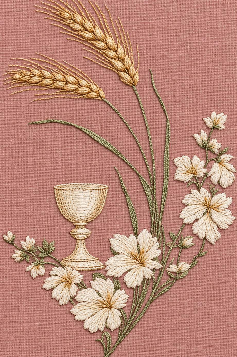 Fine cotton embroidery of chalice wheat and flower corner on dusty rose linen.
