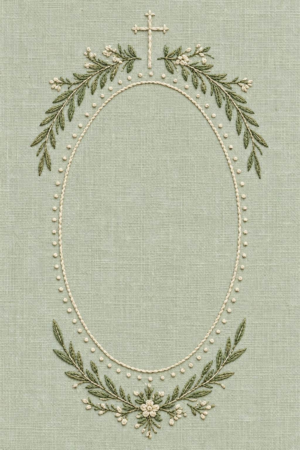 Fine cotton embroidery of cross and leafy oval keepsake frame on pale celadon linen.