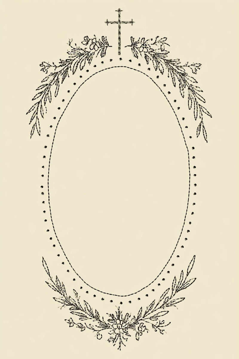 Original drawing of cross and leafy oval keepsake frame from Church Embroidery and Sacred Ornament Book Three.