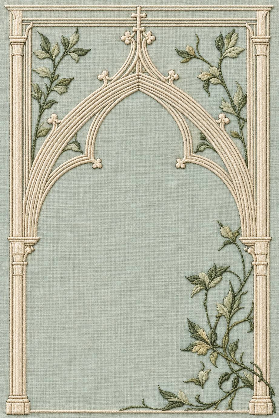 Fine cotton embroidery of gothic pointed arch with climbing leaves on pale celadon linen.