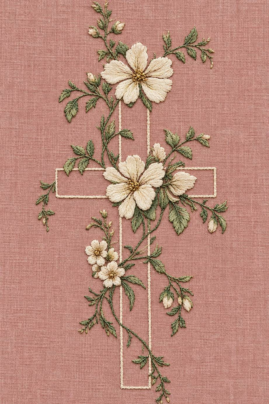 Fine cotton embroidery of large flower cross with winding vine on dusty rose linen.