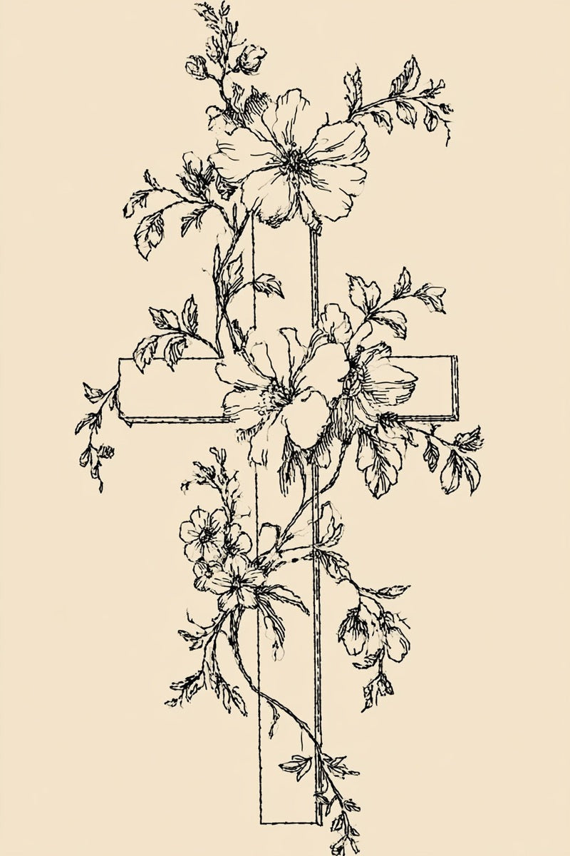 Original drawing of large flower cross with winding vine from Church Embroidery and Sacred Ornament Book Three.
