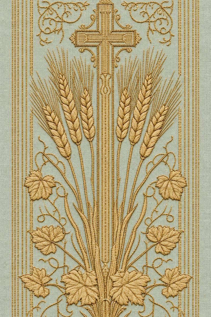 Fine cotton embroidery of long cross with wheat and grape leaves on pale celadon linen.