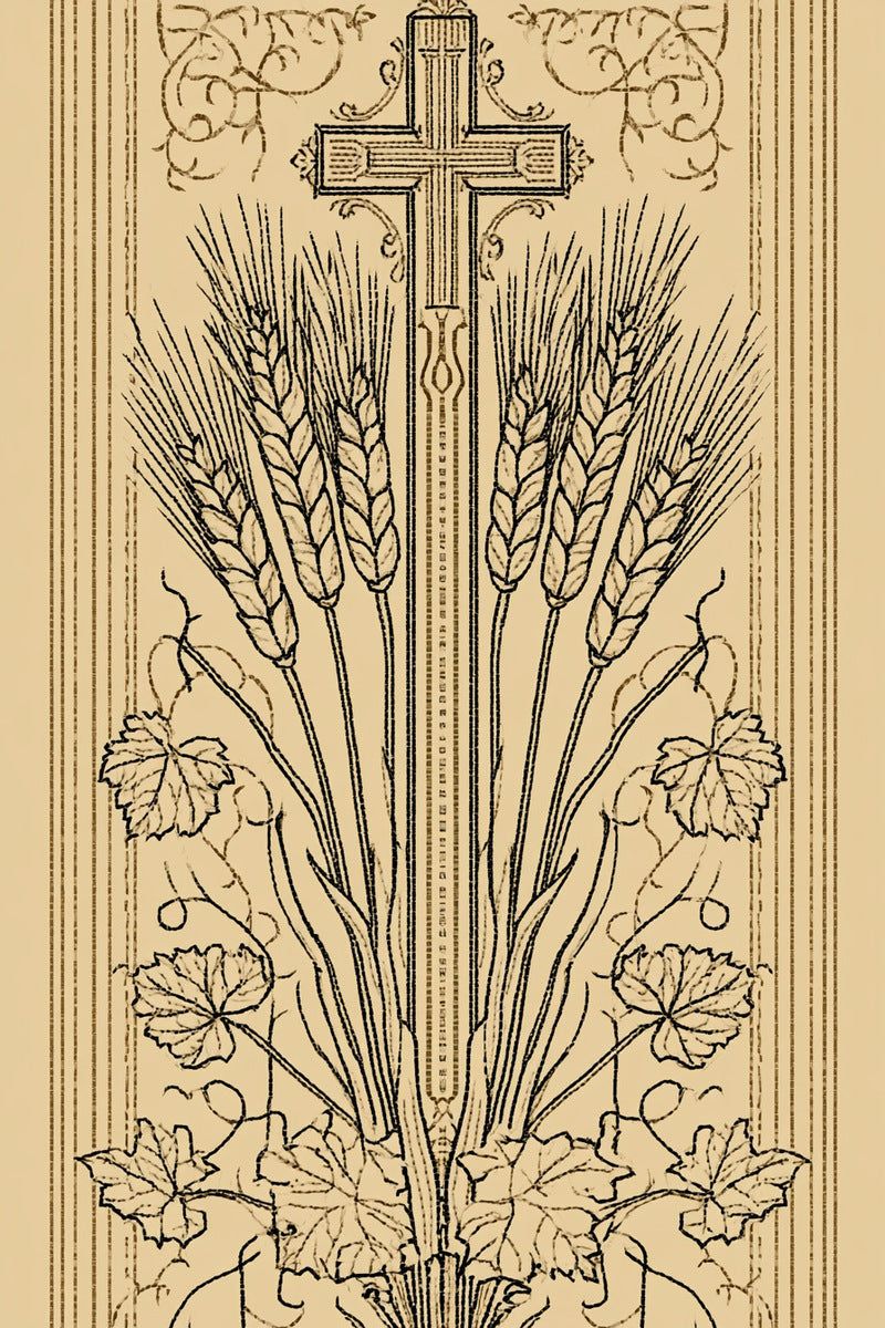 Original drawing of long cross with wheat and grape leaves from Church Embroidery and Sacred Ornament Book Three.