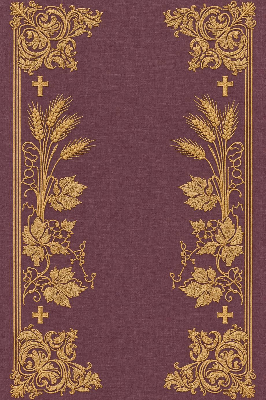 Fine cotton embroidery of mirrored wheat acanthus and cross border on dusty plum linen.