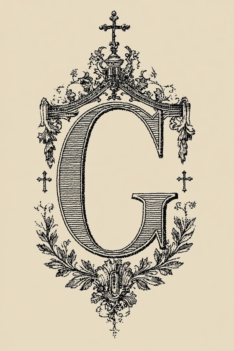 Original drawing of ornate g monogram with crosses from Church Embroidery and Sacred Ornament Book Three.