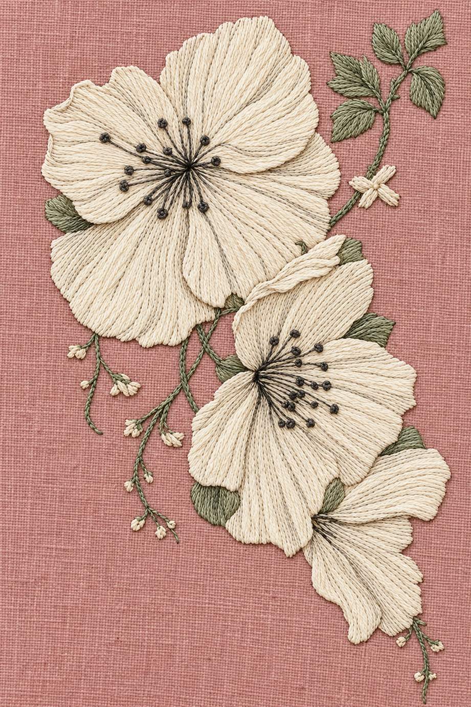 Fine cotton embroidery of three large flowers and tiny cross on dusty rose linen.