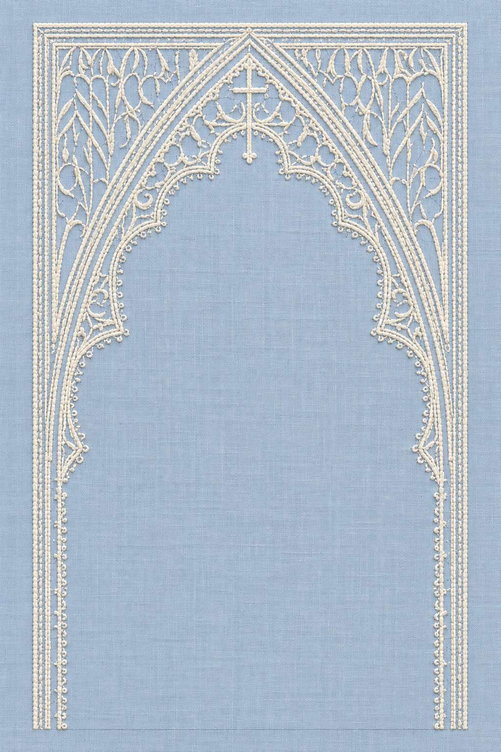 Fine cotton embroidery of whitework gothic tracery frame on powder blue linen.