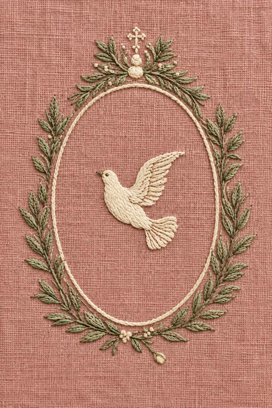 Warm ivory flying dove inside a sage leafy oval frame with a small top cross on dusty rose linen.