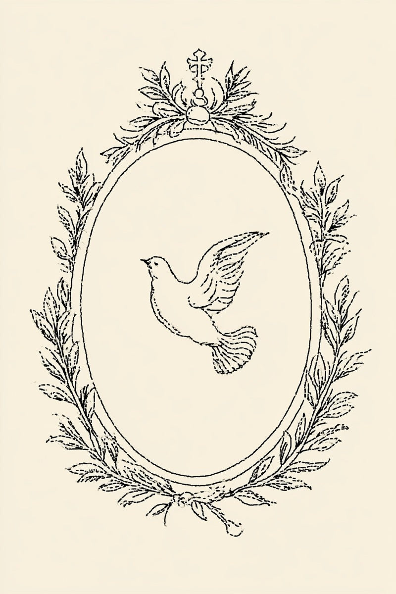Original line drawing of dove in leafy oval frame from Church Embroidery and Sacred Ornament Book Two.