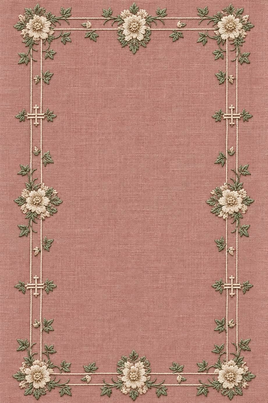 Fine cotton embroidery of floral rectangular cross frame on dusty rose linen.