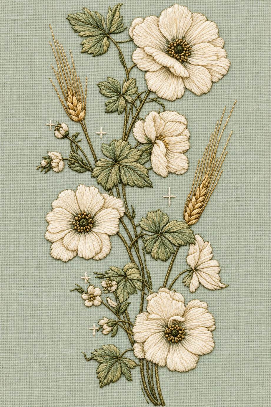 Fine cotton embroidery of flowers wheat and tiny crosses on pale celadon linen.
