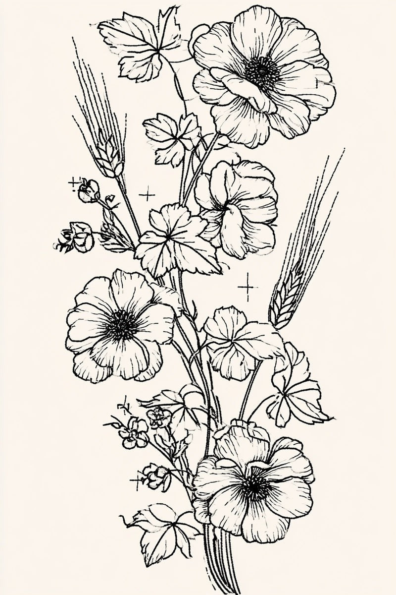 Original line drawing of flowers wheat and tiny crosses from Church Embroidery and Sacred Ornament Book Two.