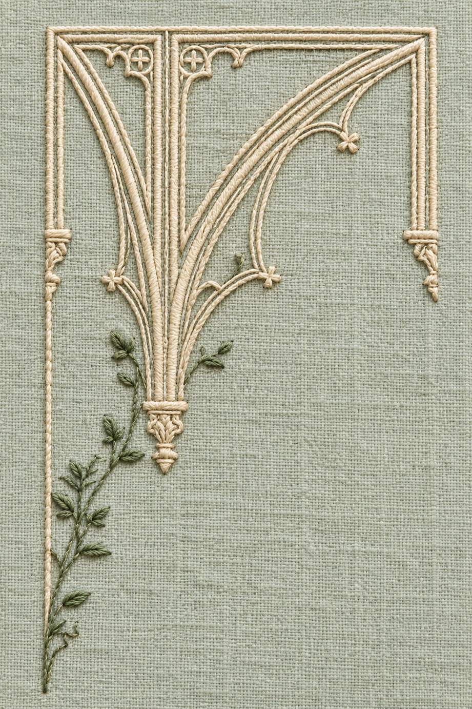 Fine natural cotton embroidery of gothic architectural corner with vine on woven linen.