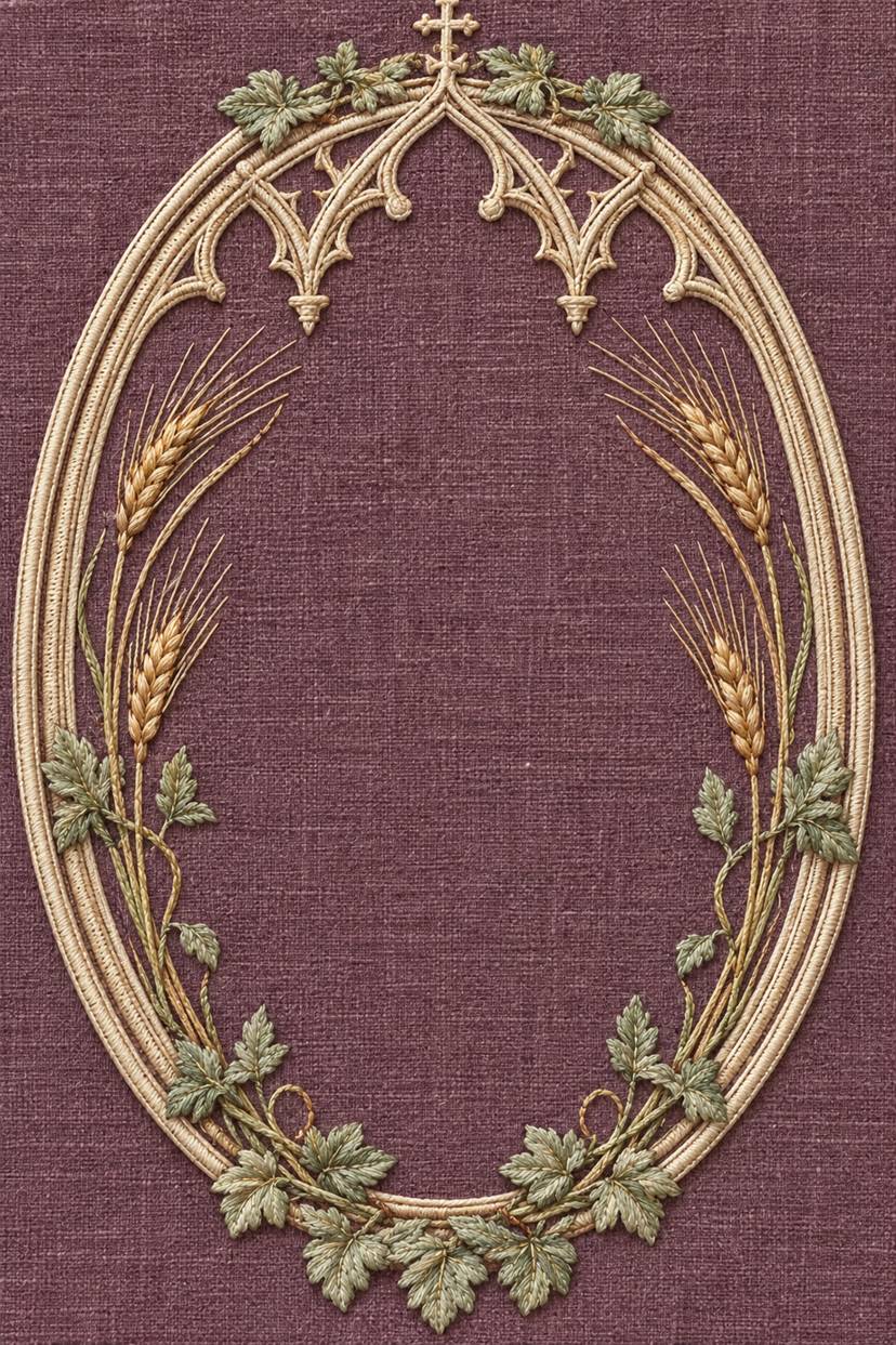 Warm ivory Gothic oval frame with wheat-gold stalks, sage vine leaves and a small top cross on dusty plum linen.