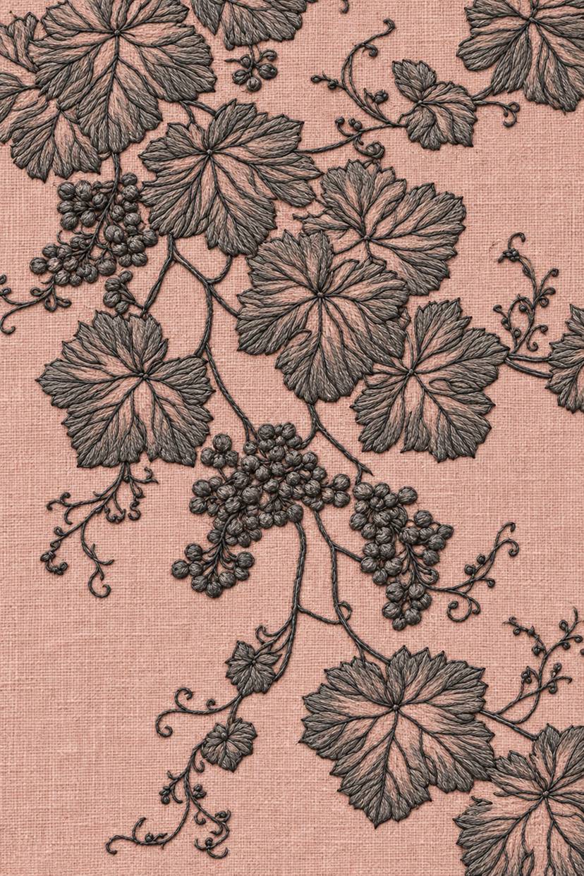 Fine natural cotton embroidery of hanging grapevine and large lobed leaves on woven linen.