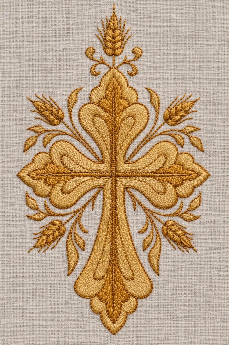 Fine natural cotton embroidery of ornate lobed cross with wheat on woven linen.