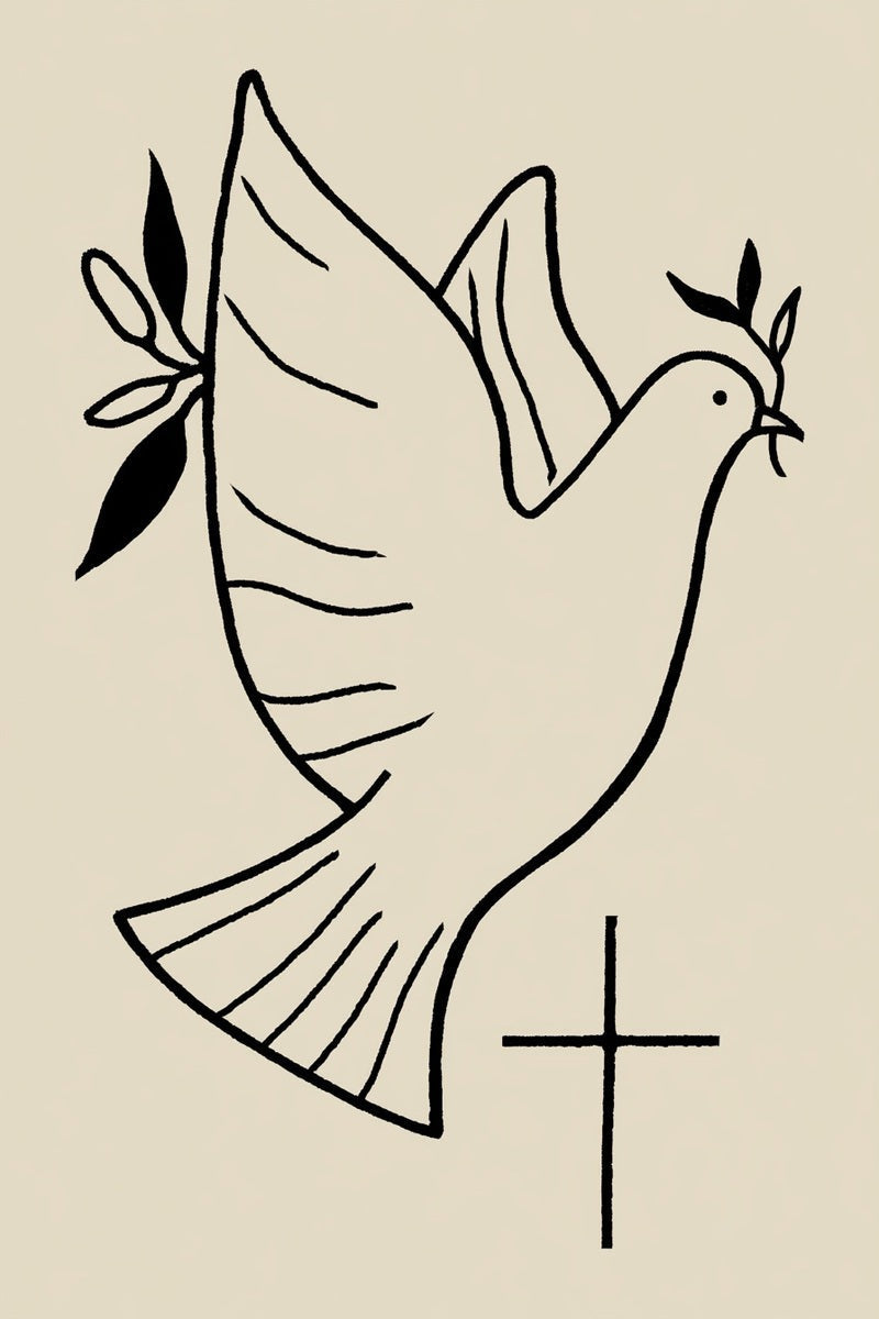 Original line drawing of outline dove with olive sprigs and cross from Church Embroidery and Sacred Ornament Book Two.