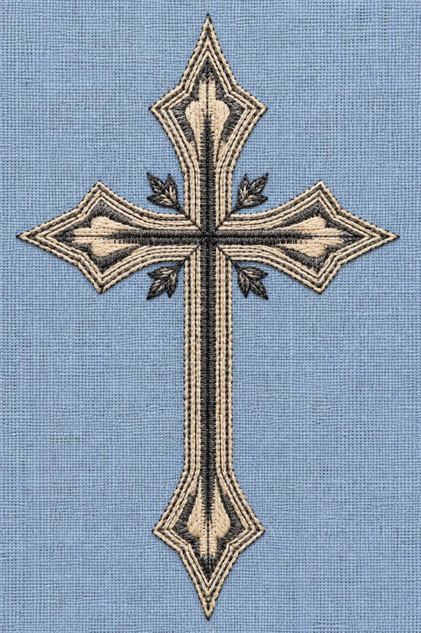 Fine natural cotton embroidery of pointed cross with four leaf sprigs on woven linen.