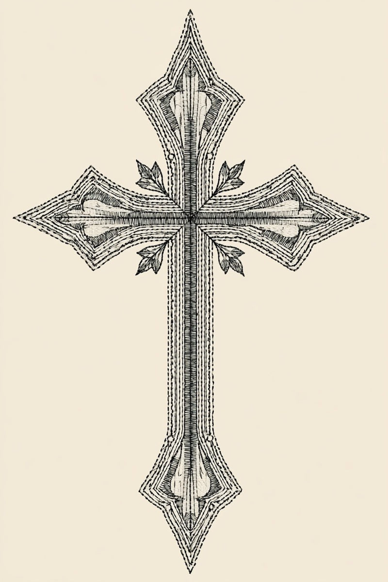 Original line drawing of pointed cross with four leaf sprigs from Church Embroidery and Sacred Ornament Book Two.