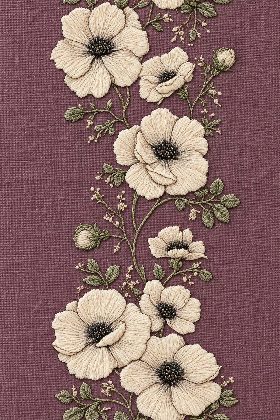 Fine cotton embroidery of poppy flower vertical border on dusty plum linen.