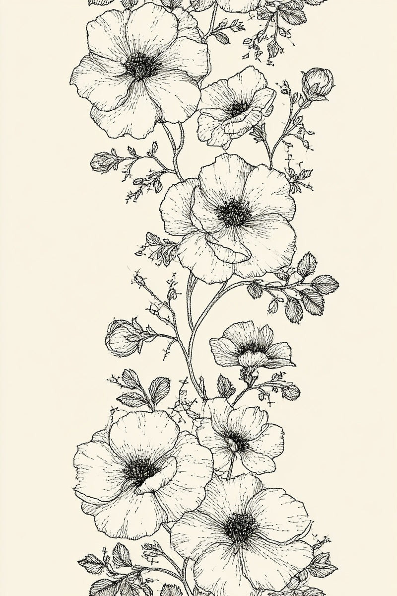 Original line drawing of poppy flower vertical border from Church Embroidery and Sacred Ornament Book Two.