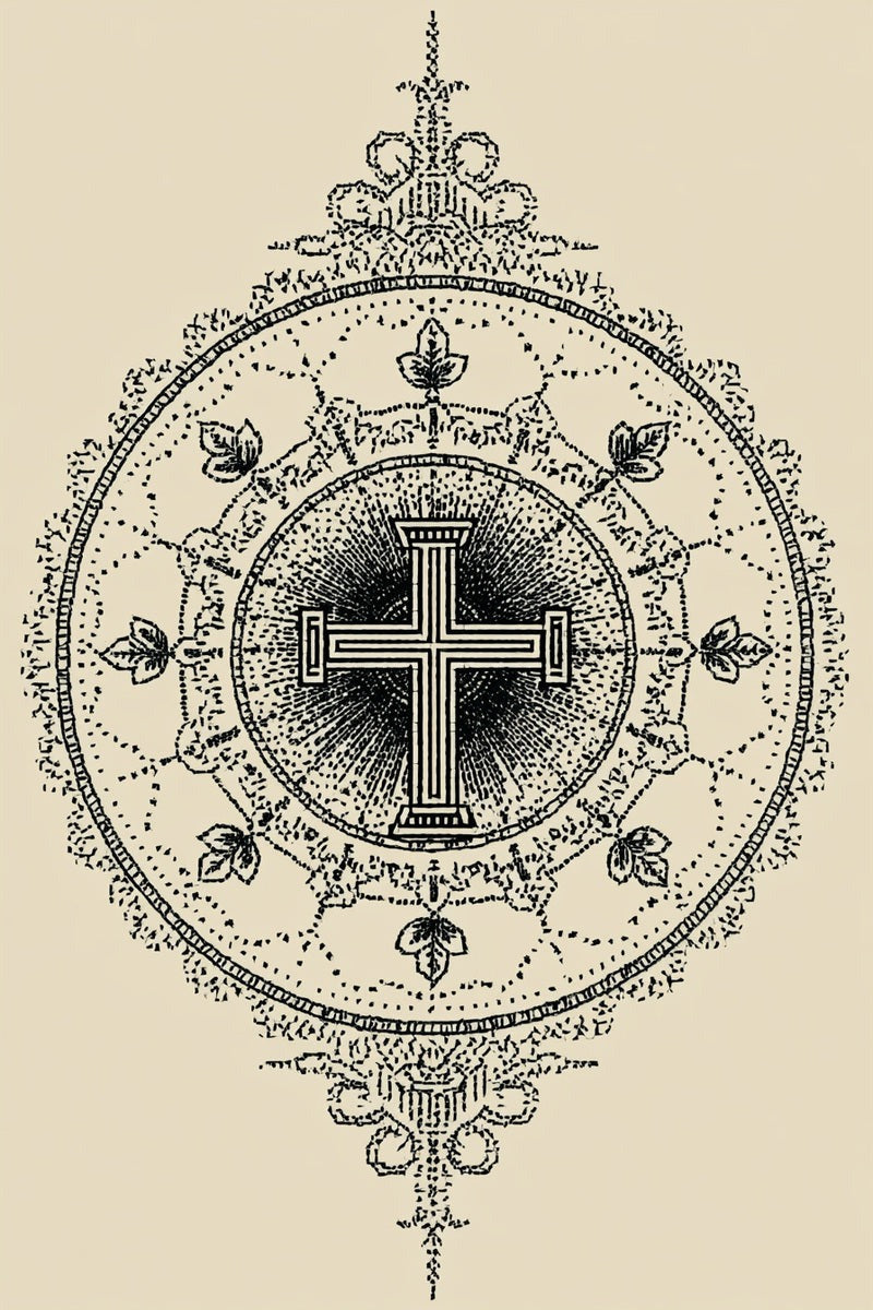 Original line drawing of radiating cross in ornate medallion from Church Embroidery and Sacred Ornament Book Two.