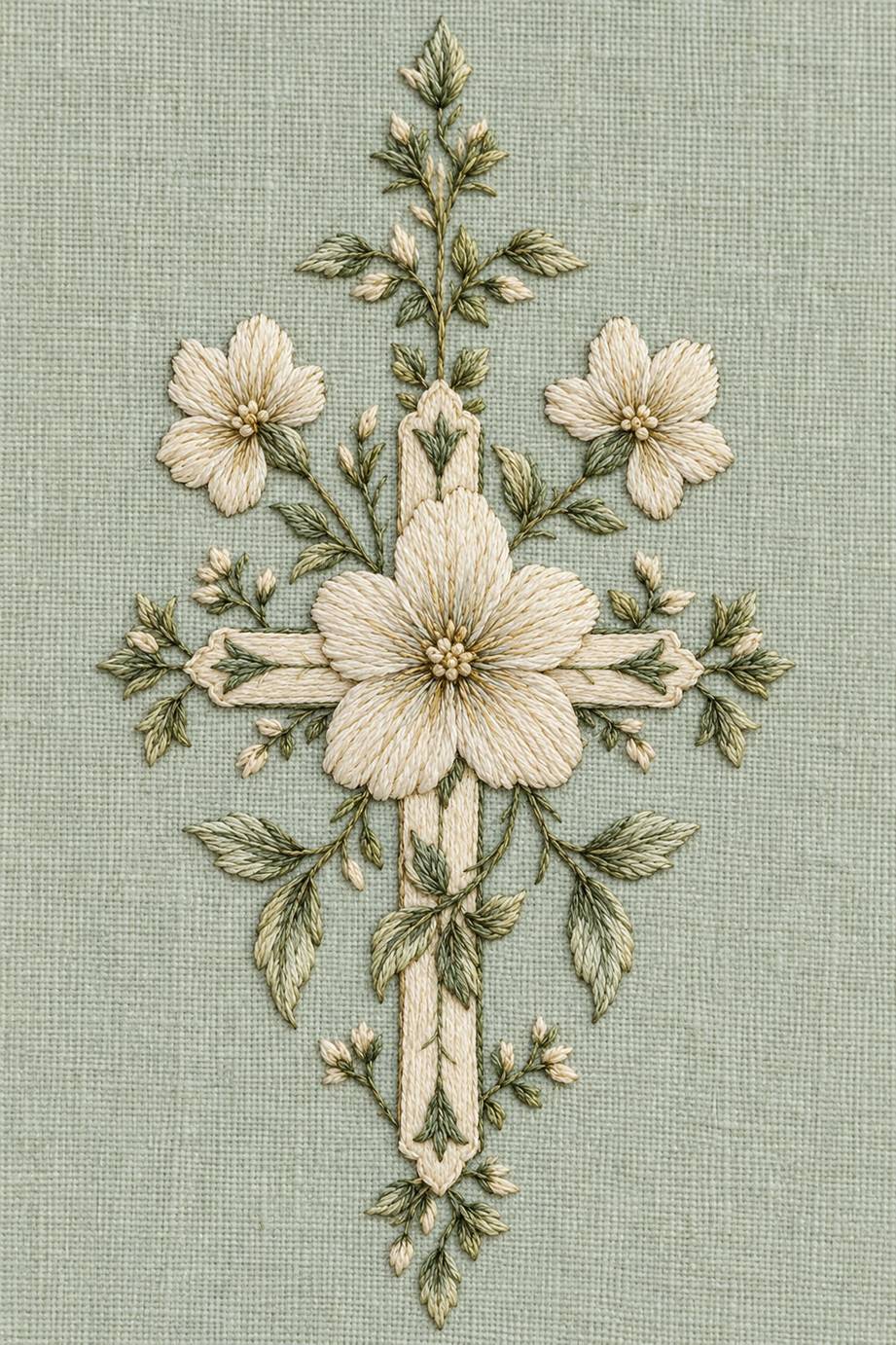Warm ivory cross with three open flowers and delicate sage leafy sprays on pale celadon linen.