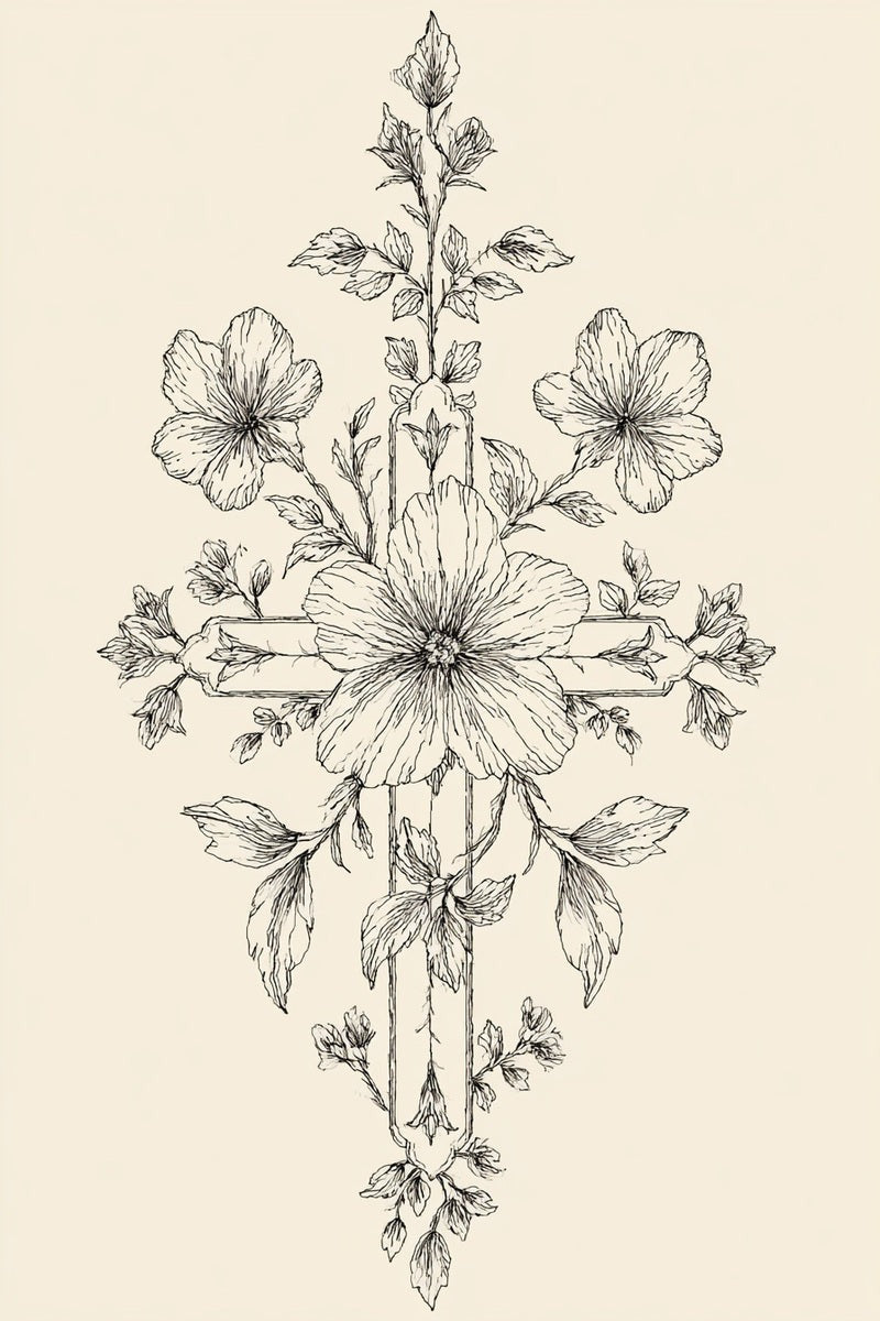 Original line drawing of three flower cross and leafy sprays from Church Embroidery and Sacred Ornament Book Two.