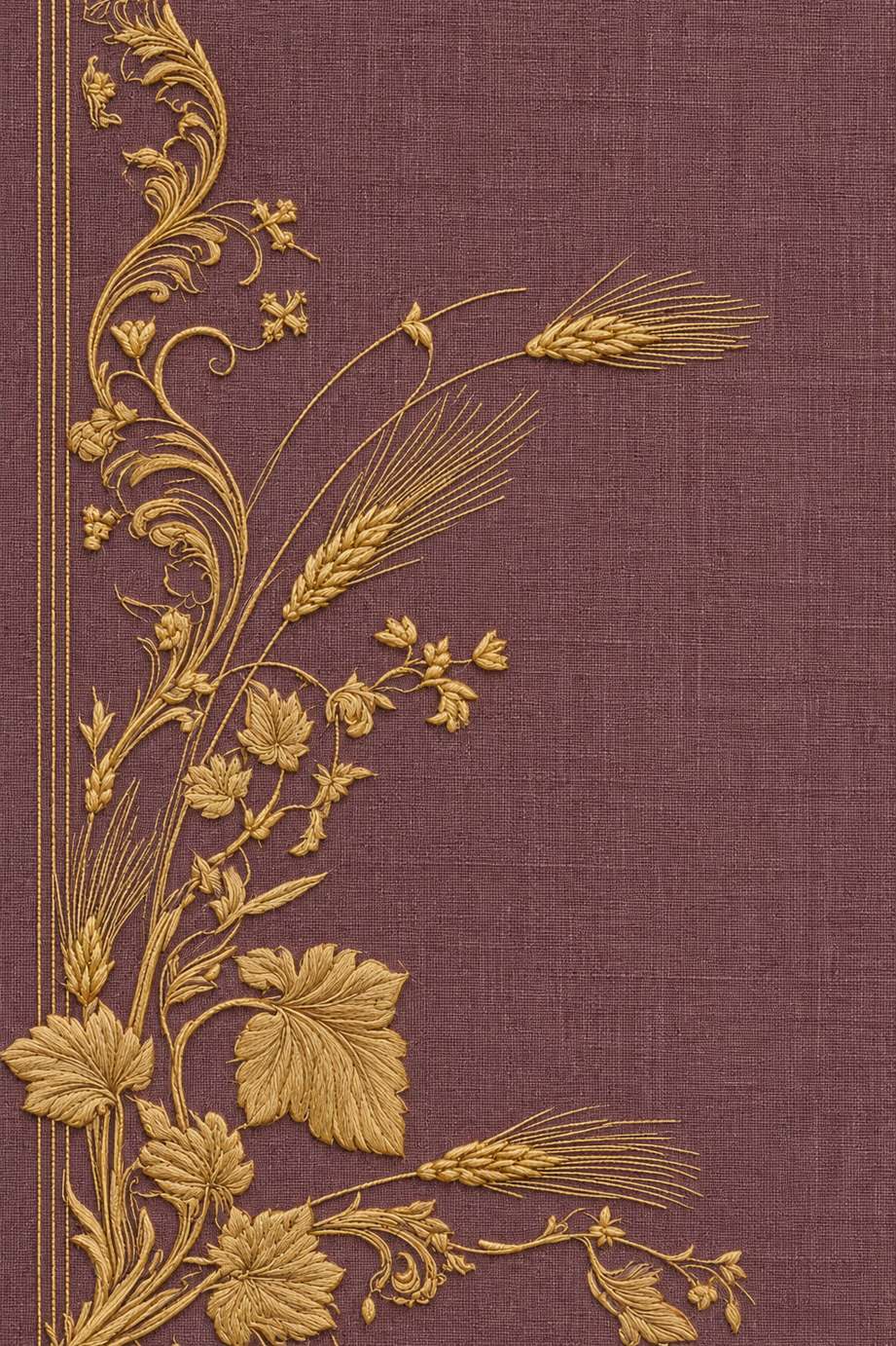 Fine natural cotton embroidery of wheat and acanthus side border on woven linen.
