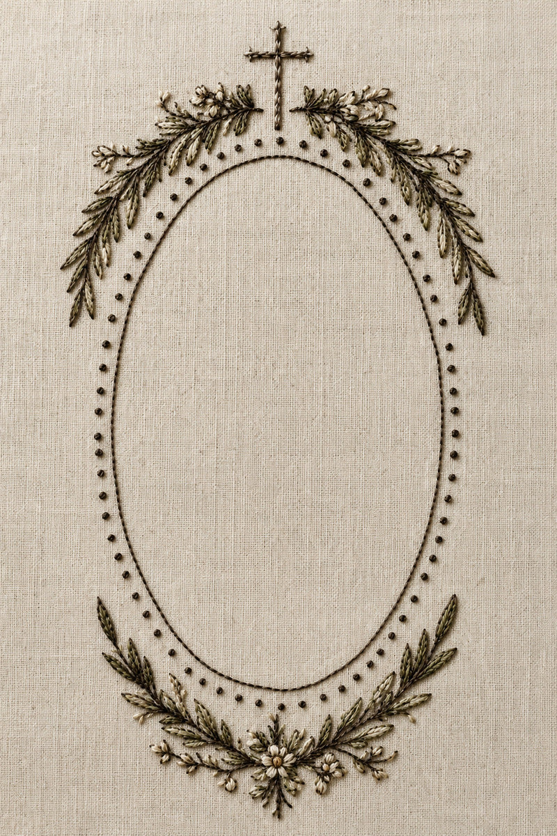 Church Keepsake Oval Frame 02 from Church Embroidery & Sacred Ornament Book 3, a digital embroidery design reference for machine embroidery designs, embroidery patterns and frames and monogram spaces.
