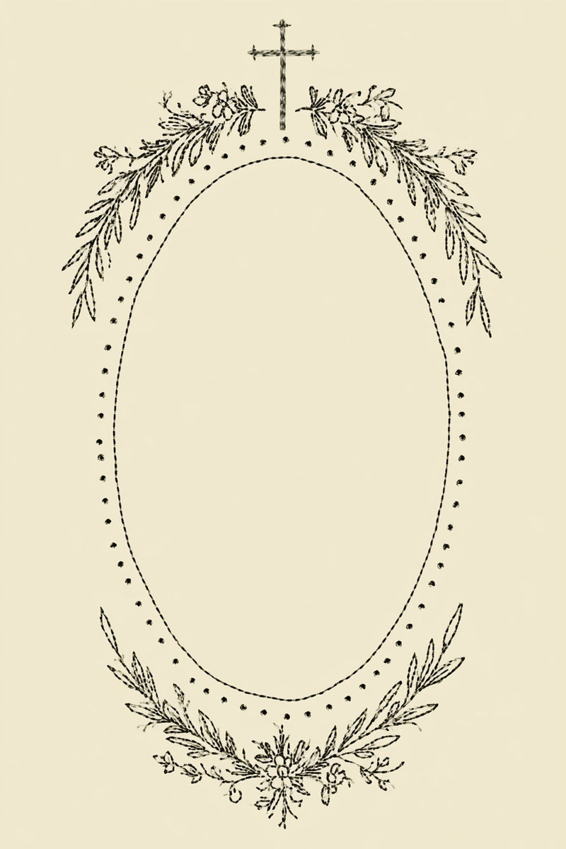 Church Keepsake Oval Frame from Church Embroidery & Sacred Ornament Book 3, a digital embroidery design reference for machine embroidery designs, embroidery patterns and frames and monogram spaces.