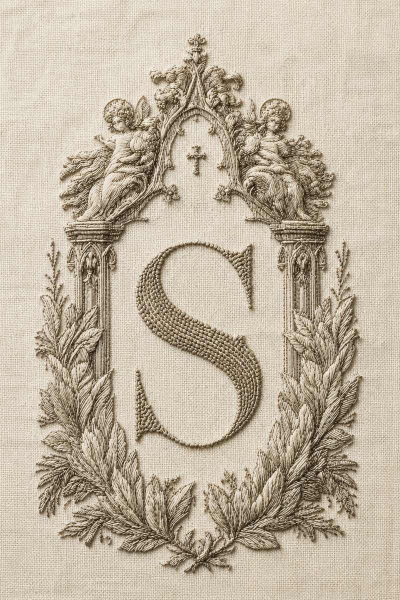 Church Monogram Frame 1 from Church Embroidery & Sacred Ornament Book 4, a digital embroidery design reference for machine embroidery designs, embroidery patterns and frames and monogram spaces.