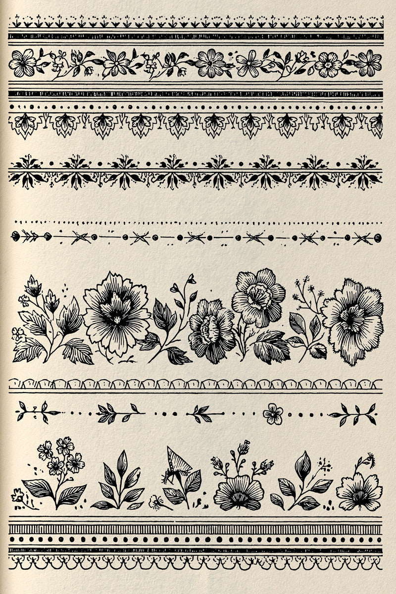 Classic Floral Border Library Plate from Classic Frames & Borders Book 10, a digital embroidery design reference for machine embroidery designs, embroidery patterns and border and edge embroidery.