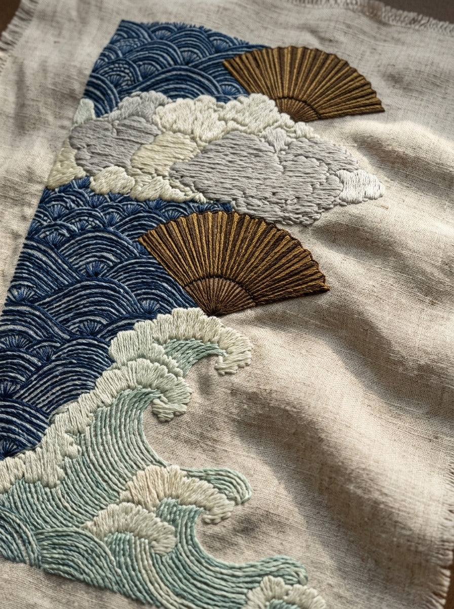 Cloud Wave And Fan Border from East Asian Inspired Embroidery Book 6, a digital embroidery design reference for machine embroidery designs, embroidery patterns and border and edge embroidery.