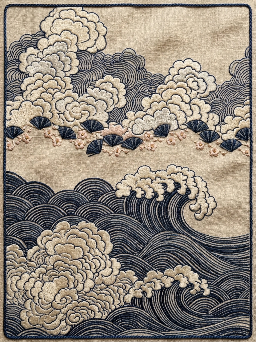 Cloud Wave And Fan Border from East Asian Inspired Embroidery Book 8, a digital embroidery design reference for machine embroidery designs, embroidery patterns and border and edge embroidery.