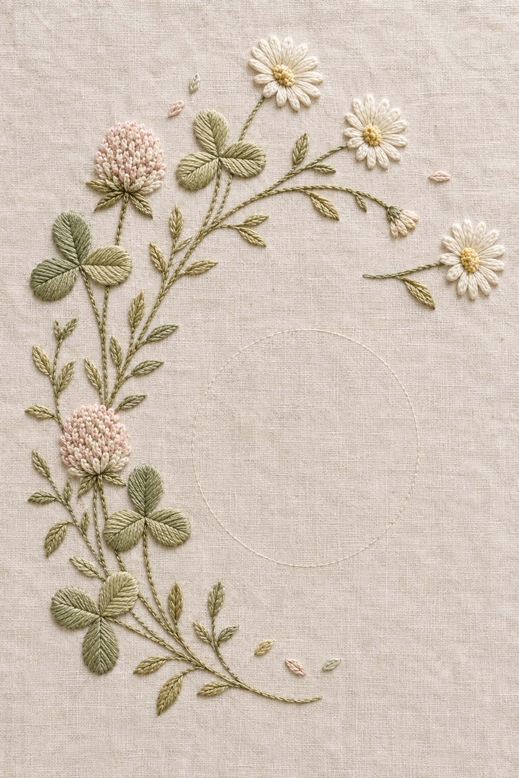 Illustrative embroidery design: White daisies and clover foliage follow a broken meadow arc, with small geometric accents nearby.
