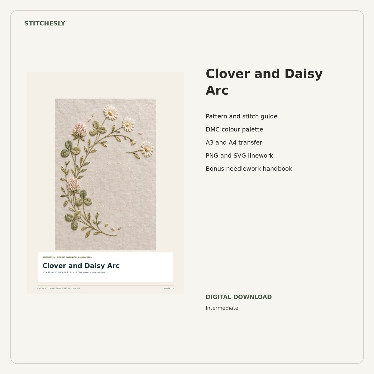 Clover and Daisy Arc PDF stitch guide cover, pattern files and bonus needlework handbook.