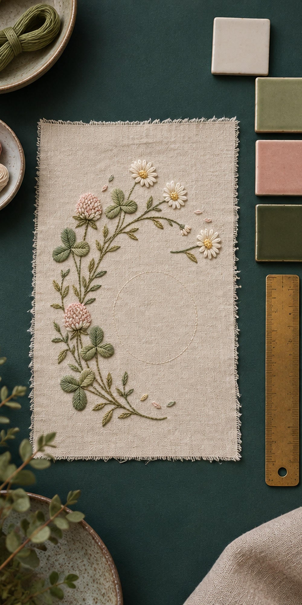 Botanical textile flat lay mockup featuring the Clover and Daisy Arc hand embroidery design. White daisies and clover foliage follow a broken meadow arc, with small geometric accents nearby.