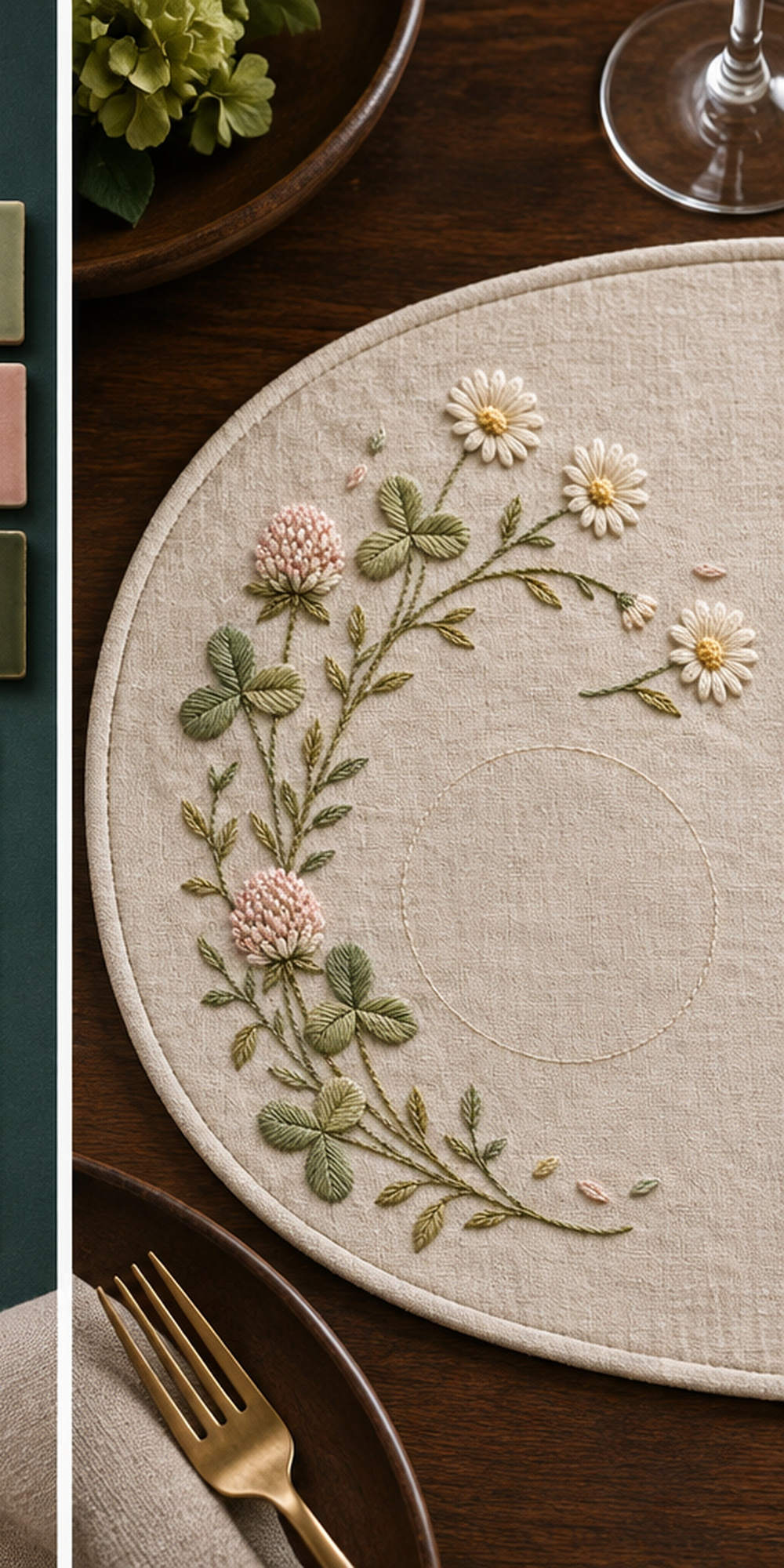 Round linen cushion mockup featuring the Clover and Daisy Arc hand embroidery design. White daisies and clover foliage follow a broken meadow arc, with small geometric accents nearby.