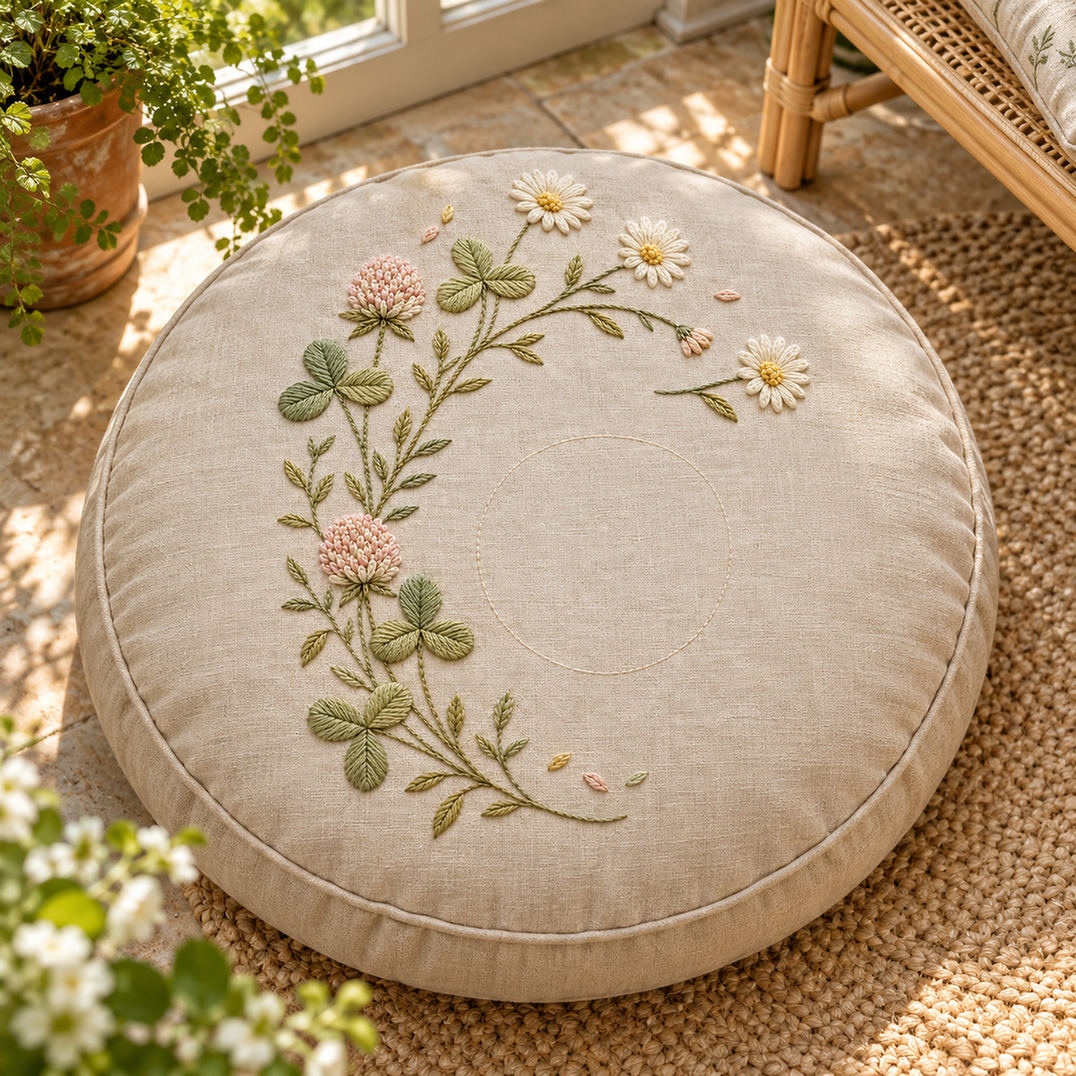 Round linen cushion on a chair mockup featuring the Clover and Daisy Arc hand embroidery design. White daisies and clover foliage follow a broken meadow arc, with small geometric accents nearby.