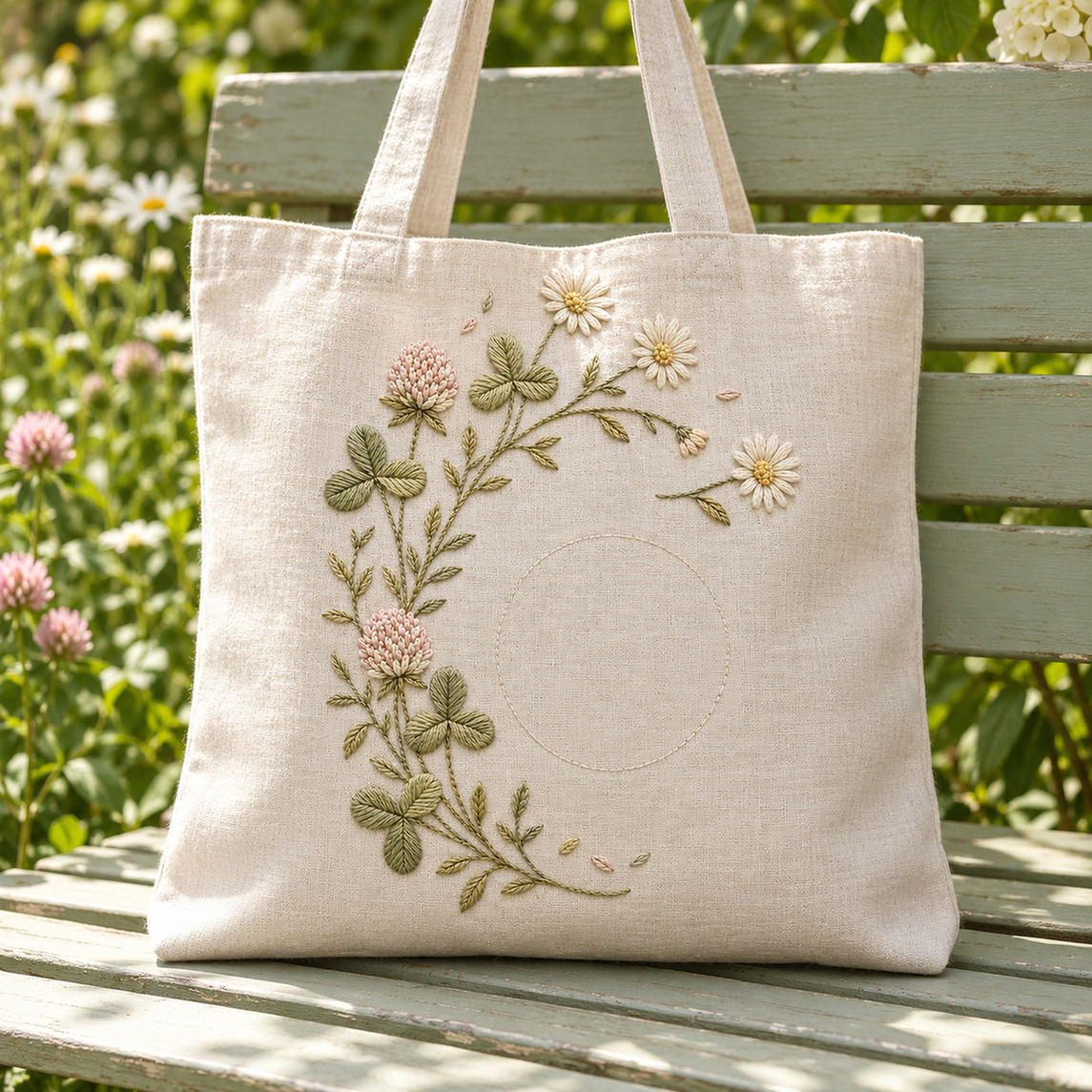 Linen tote bag mockup featuring the Clover and Daisy Arc hand embroidery design. White daisies and clover foliage follow a broken meadow arc, with small geometric accents nearby.