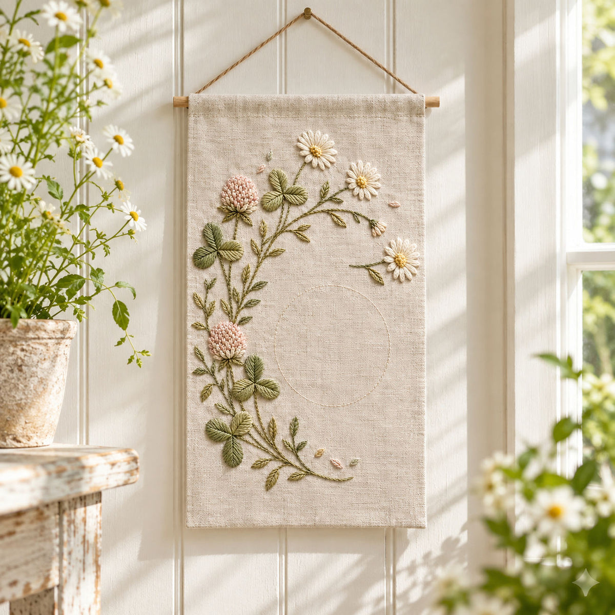 Hanging linen panel mockup featuring the Clover and Daisy Arc hand embroidery design. White daisies and clover foliage follow a broken meadow arc, with small geometric accents nearby.