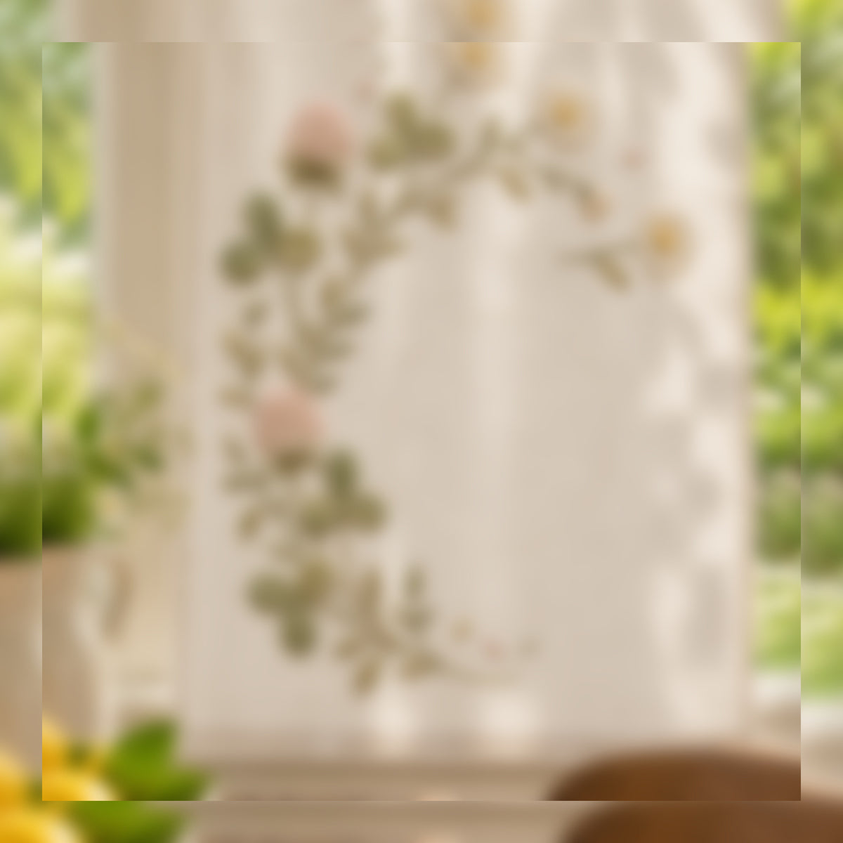 Close view of clover and daisies mockup featuring the Clover and Daisy Arc hand embroidery design. White daisies and clover foliage follow a broken meadow arc, with small geometric accents nearby.