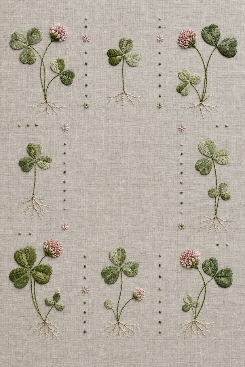 Illustrative embroidery design: Clover Grid is an embroidery pattern of eight separate plants, complete with pink flower heads, trifoliate leaves and fine roots.