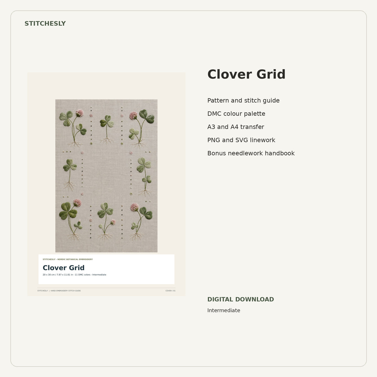 Clover Grid PDF stitch guide cover, pattern files and bonus needlework handbook.