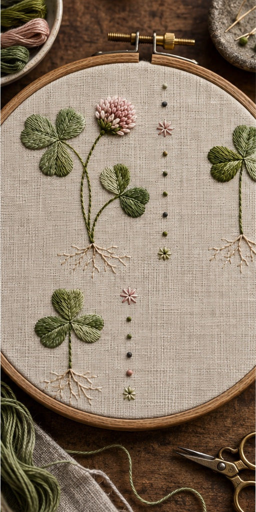 Close view of clover embroidery mockup featuring the Clover Grid hand embroidery design. Clover Grid is an embroidery pattern of eight separate plants, complete with pink flower heads, trifoliate leaves and fine roots.