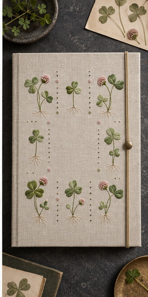 Framed textile sampler mockup featuring the Clover Grid hand embroidery design. Clover Grid is an embroidery pattern of eight separate plants, complete with pink flower heads, trifoliate leaves and fine roots.